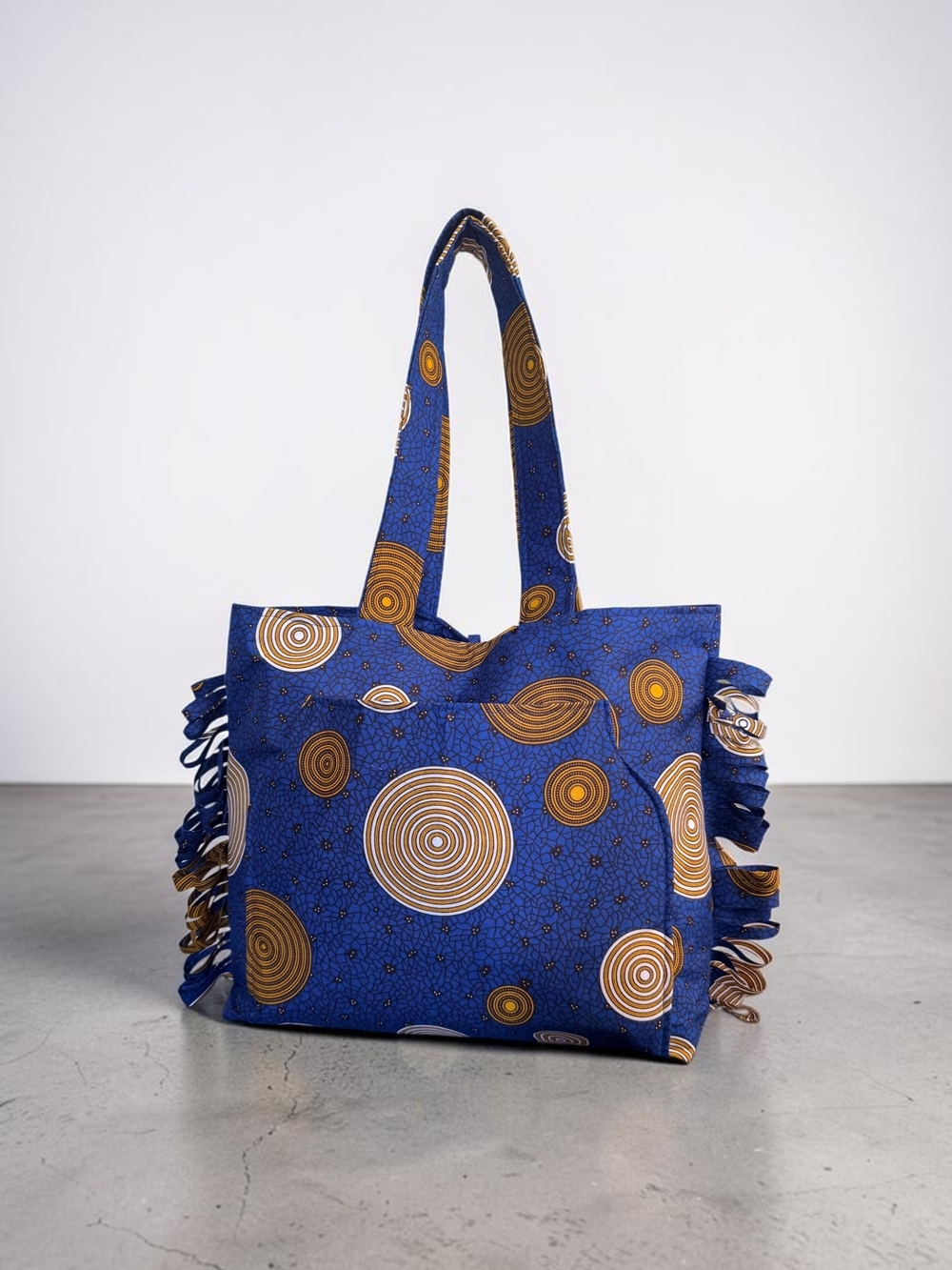 Blue and Gold Circle-Print Fringe Tote - Women Bags